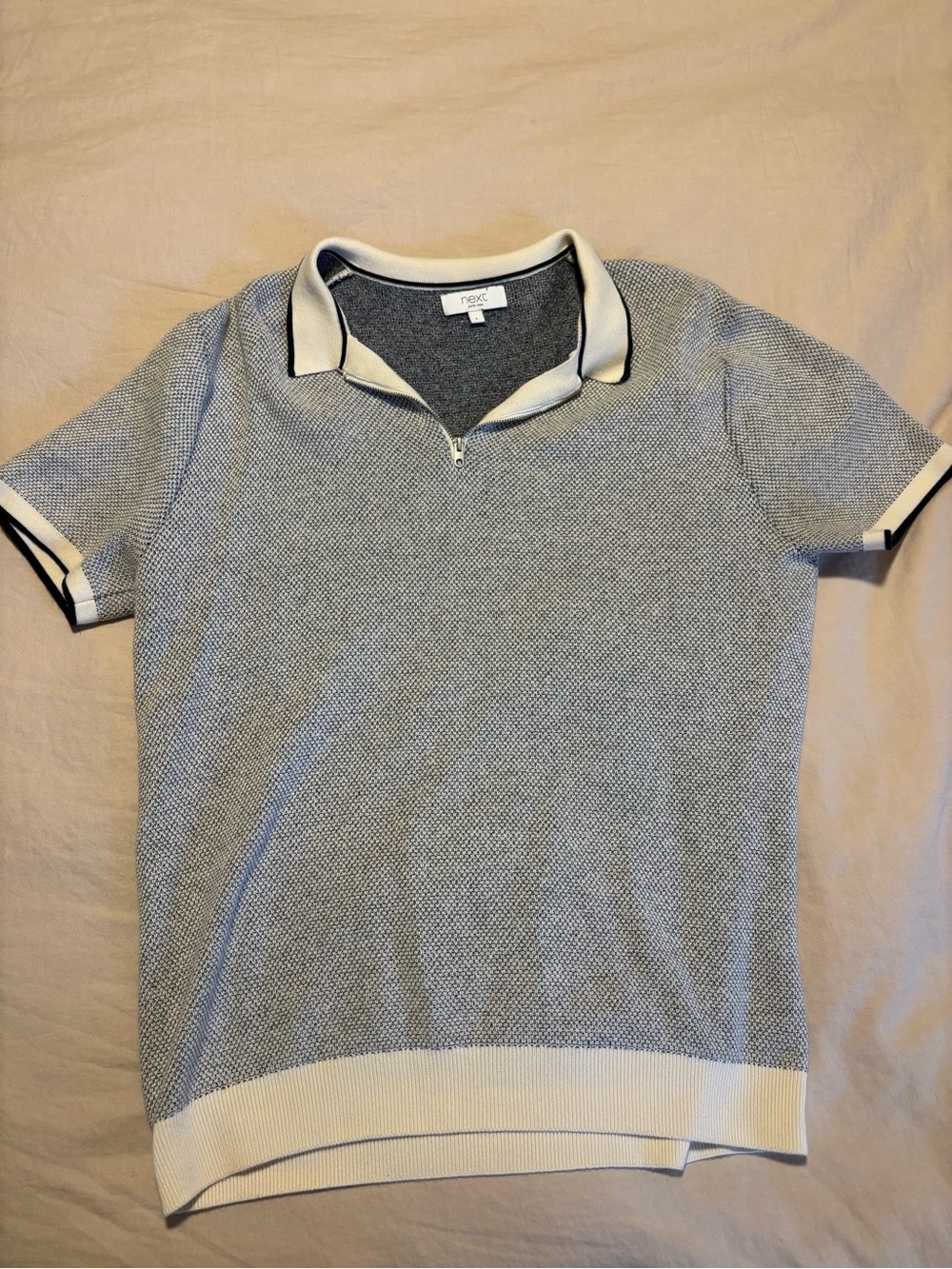 next Short-Sleeve Sweater Zip Polo in Blue with White Trim